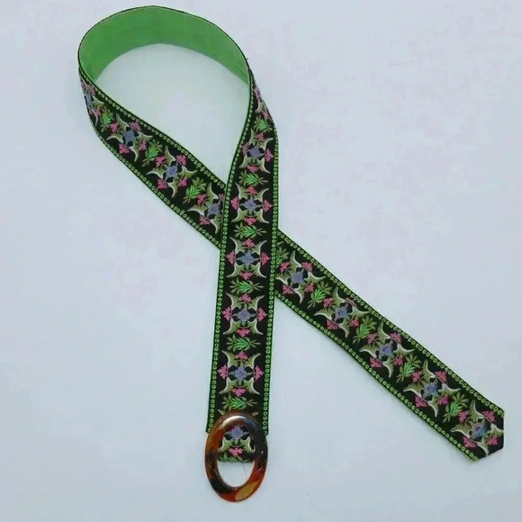 Lily Pod 100% Cotton Navy & Green Embroidered Ribbon Cinch Belt size L - Picture 2 of 5